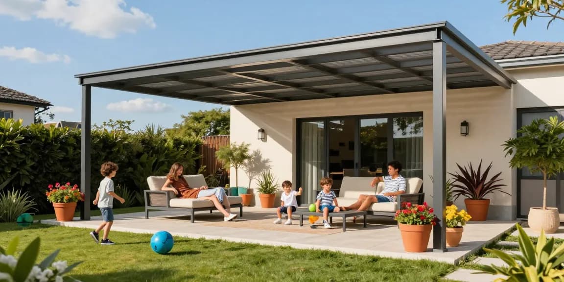 Moderne Terrassenüberdachung schützt Gartenlounge bei Sonnenschein.
