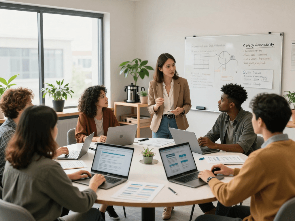 Professionelles Team in sozialen Einrichtungen diskutiert Datenschutz und Barrierefreiheit.