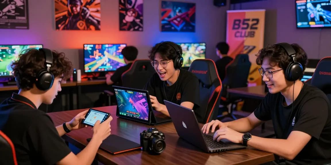 Gaming enthusiasts enjoying gameplay at https://b52club.radio.fm/ in a vibrant, dynamic gaming lounge setting.