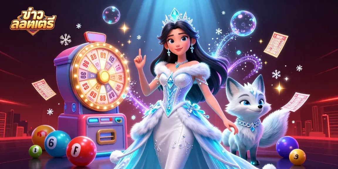 Draw lottery results today in a vibrant 3D scene with characters and gaming elements related to ข่าวลอตเตอรี่.