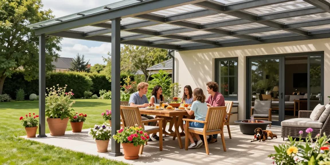Stylische Terrassenüberdachungen bei einem sonnigen Familientreffen im Garten.
