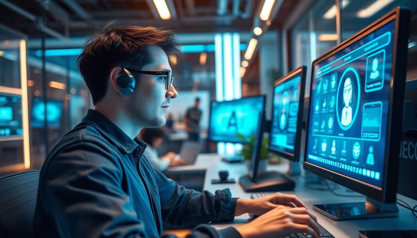 Engaging with 18+ AI technology in a futuristic workspace with holographic displays.