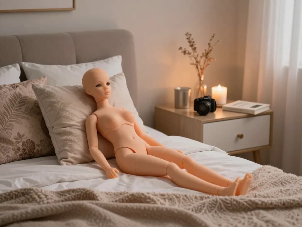 Beste Sexpuppe elegant auf einem plüschigen Bett präsentiert, die hochwertige Qualität und intime Atmosphäre hervorhebt.