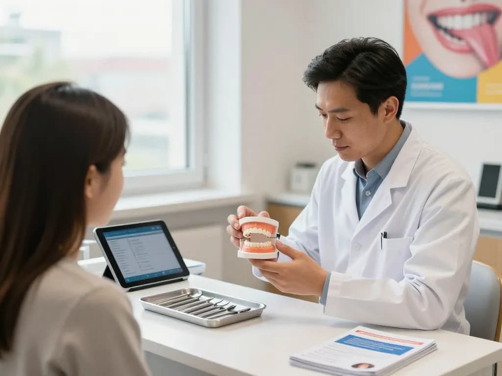 Zahnprothese Wien Beratung, bei der ein Zahnarzt einem Patienten in einer einladenden Zahnarztpraxis prothetische Optionen erklärt.