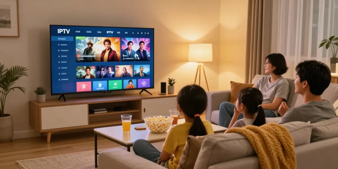 Familie nutzt Germany IPTV im gemütlichen Wohnzimmer mit großem Fernseher und Snacks.