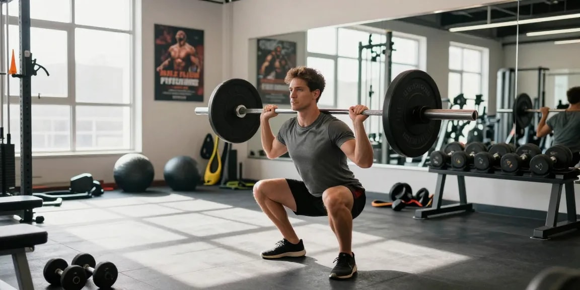 Die Global Pharma Steroid Shop zeigt einen Athleten beim Krafttraining mit einem Langhantel, umgeben von Fitnessgeräten.