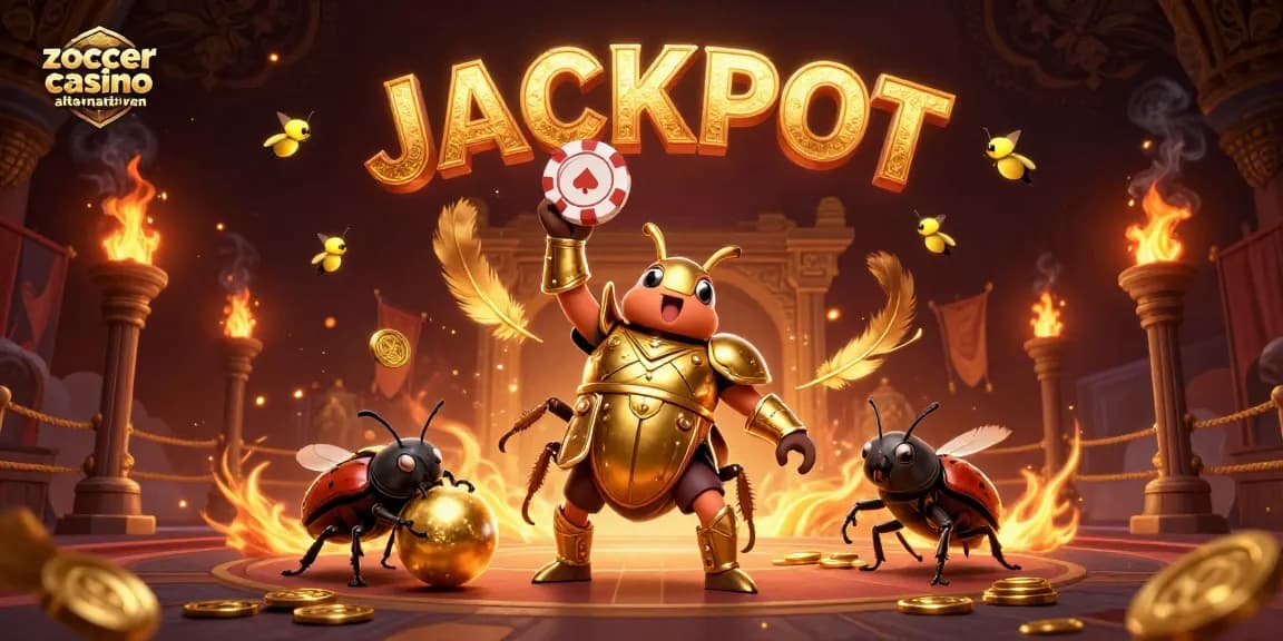Zoccer-Casino-Alternativen, 3D-Illustration von Käfern im Casino mit Jackpot-Atmosphäre