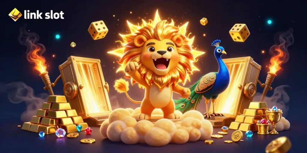 Win big with link slot promotions featuring vibrant casino-themed 3D illustration.