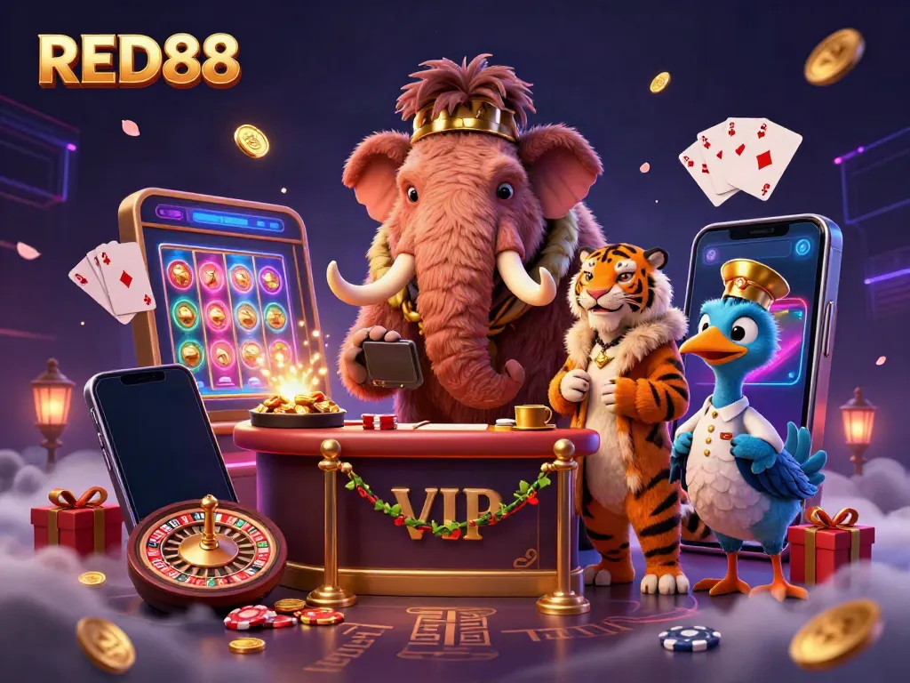 Experience the vibrant scene at RED88 with a woolly mammoth bouncer, saber-tooth tiger guest, and dodo doorman amidst gaming excitement.