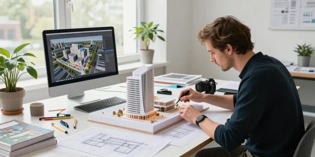 Innovative Architekturmodellbau in den Niederlanden mit einem Architekten, der an einem detaillierten Modell arbeitet.