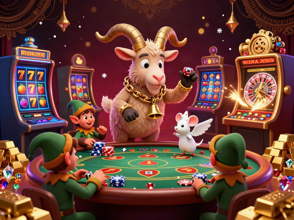 Engaging scene of nhà cái ku88 with cartoon Krampus managing a casino, elf gremlins stealing chips, and vibrant game elements.