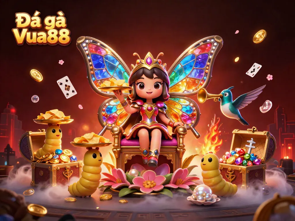 Plunge into the thrilling world of Đá gà Vua88, featuring a vibrant butterfly queen and gaming elements.