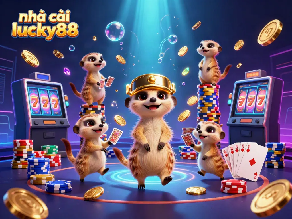 Experience thrilling moments at nhà cái lucky88 with cartoon meerkats in a vibrant casino scene.