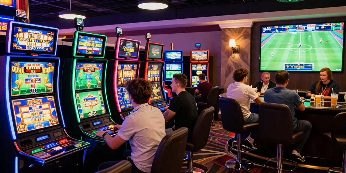 Spannende Online-Casino-Szene bei BetLabel mit Spielern an Spielautomaten und Live-Dealern.