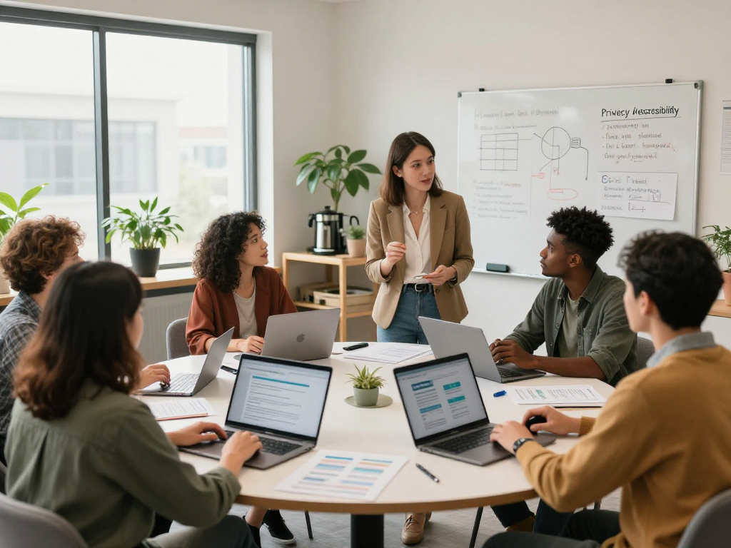 Professionelles Team in sozialen Einrichtungen diskutiert Datenschutz und Barrierefreiheit.