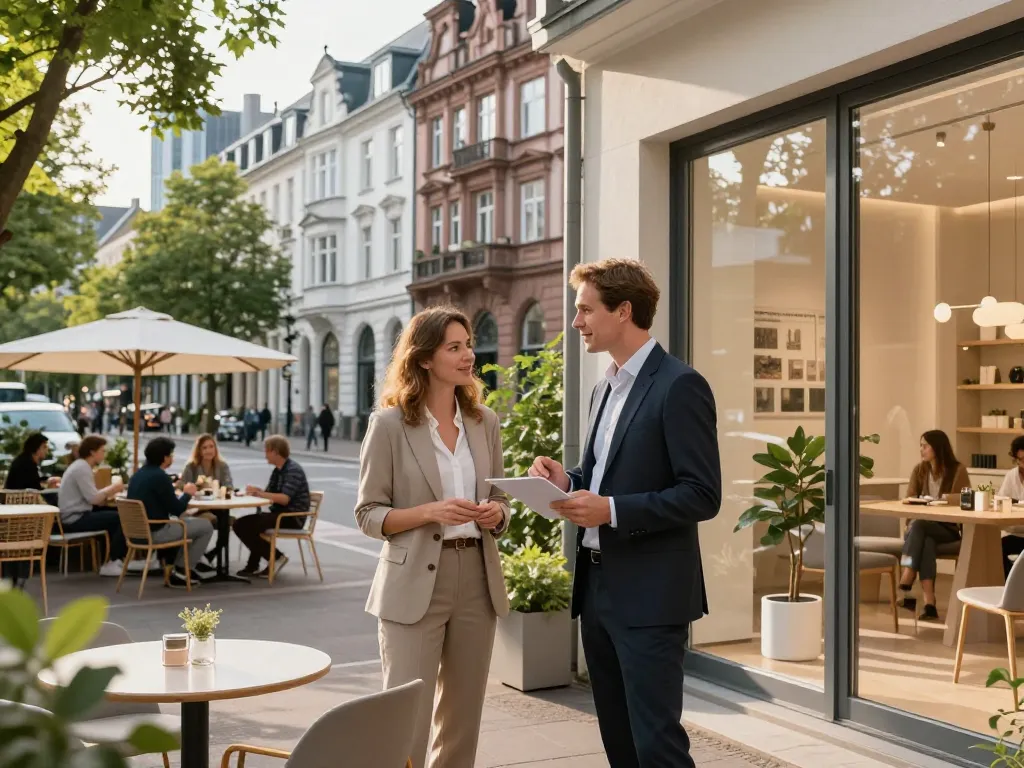 Immobilienmakler Frankfurt Sachsenhausen bespricht Immobilien in einem lebhaften Viertel mit historischer Architektur und modernen Wohnungen.