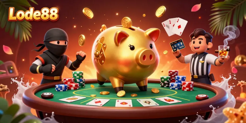 Experience excitement at Lode88 with dynamic gambling characters and vibrant casino elements.