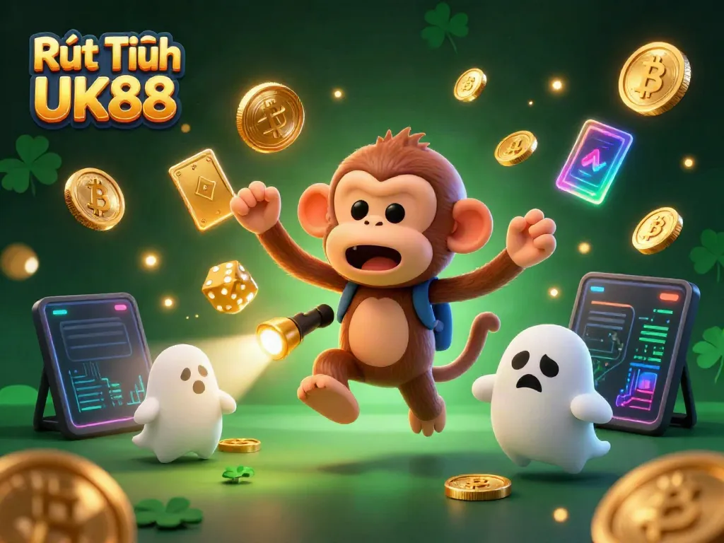 Engage in Rút Tiền UK88 with a lively 3D scene featuring a playful poltergeist monkey and a curious puppy in a haunted casino.