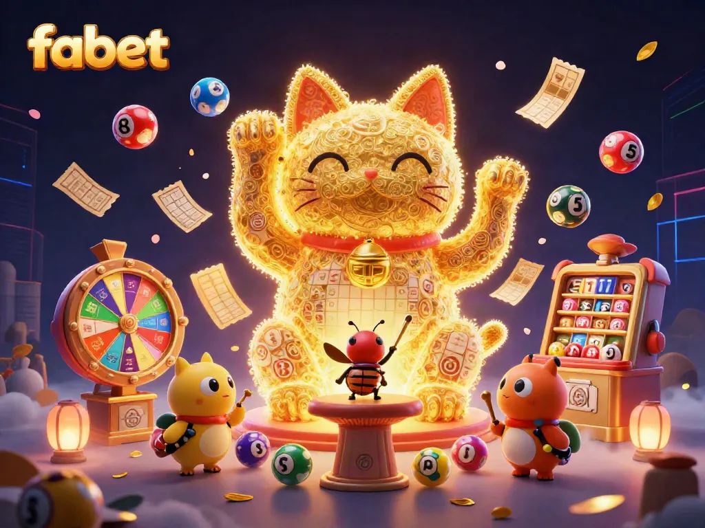 Experience vibrant game excitement at fabet with a golden lucky cat amidst colorful casino elements.