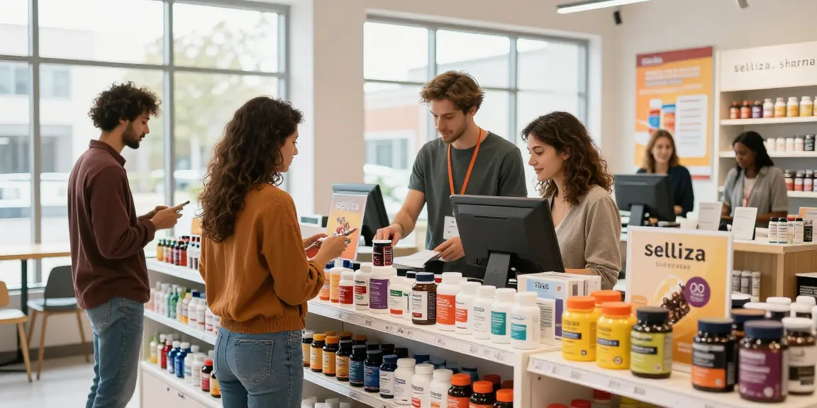 Verkaufsraum im Selliza Pharma Shop mit Kunden und Produktpräsentation für Anabolika.
