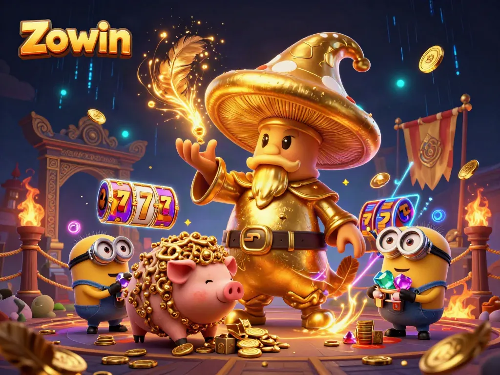 Zowin captivates players with an enchanting 3D wizard scene, showcasing golden treasures and vibrant gaming elements.