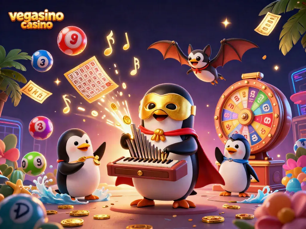 Experience the excitement of vegasino casino with festive lottery elements and a whimsical penguin organist.