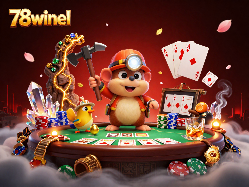 Engage in thrilling poker action at 78winel with a vibrant treasure hunter scene full of gems and cards.