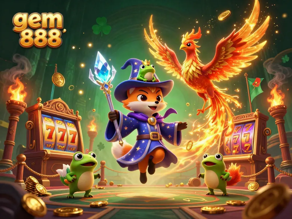 Experience thrilling moments at gem 888 with a dazzling scene of casino magic featuring a wizard fox, phoenix, and dynamic jackpots.