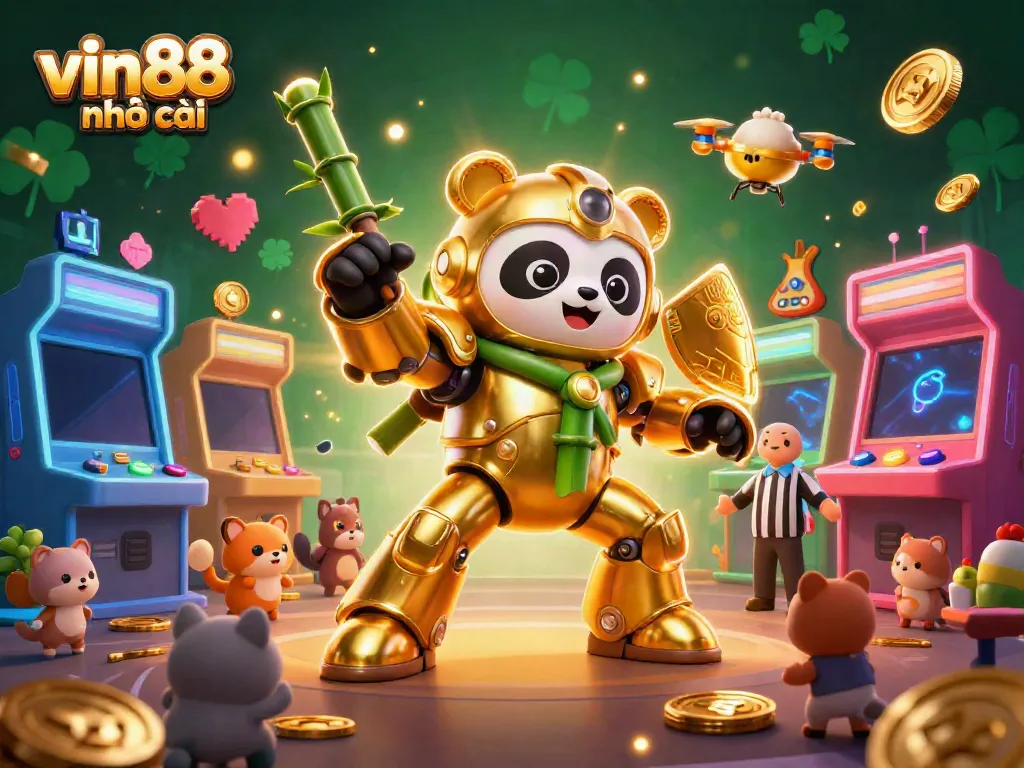 Engage with the dynamic scene of vin88 nhà cái presenting a 3D cartoon mech-suit golden panda and vibrant casino elements.