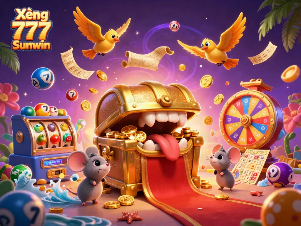 Experience the thrill of Xèng 777 Sunwin with a dynamic scene full of colorful lottery elements and treasure