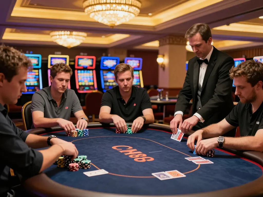 Players engaging in an intense poker game at CM88, showcasing strategic gameplay and colorful chips.