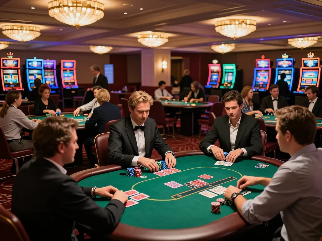 Players engaging at poker tables while assessing their KI Detektor Bachelorarbeit results, showcasing casino excitement.