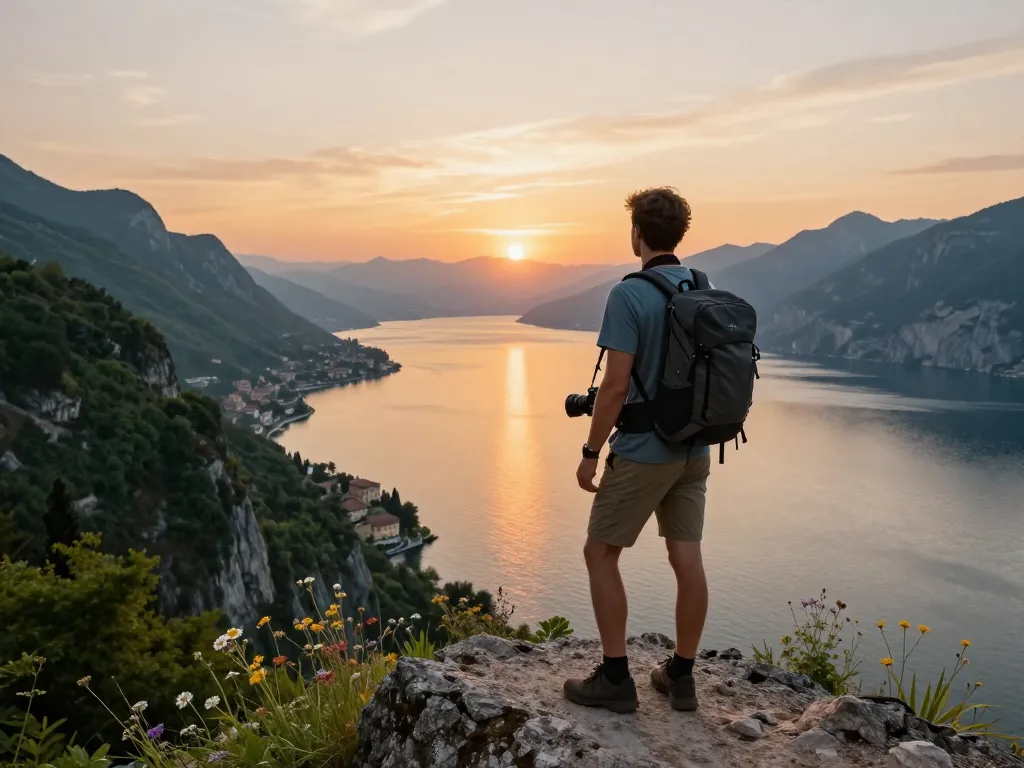 Reisender genießt Gardasee Reisetipps bei Sonnenuntergang, mit Blick auf wunderschöne Seenlandschaften.