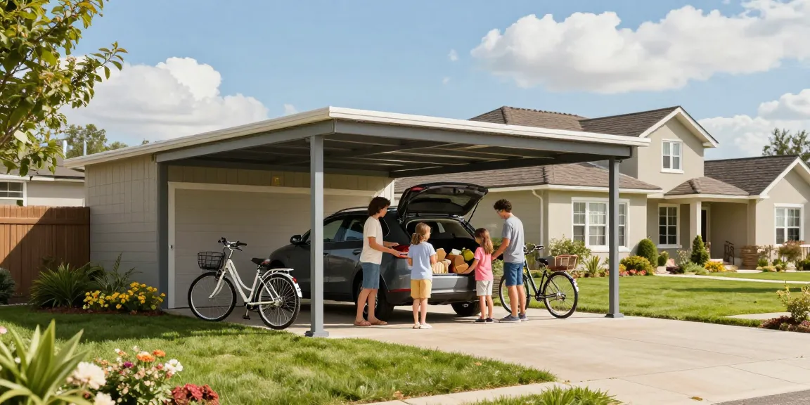 Carport schützt das Auto der Familie, während sie Lebensmittel ausladen.