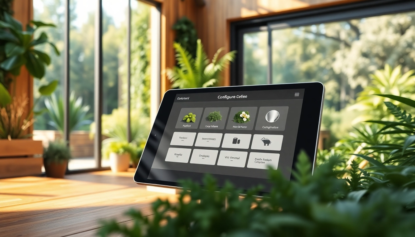 Wintergarten Konfigurator auf einem modernen Touchscreen-Geraet inmitten eines gruenen Gartens.