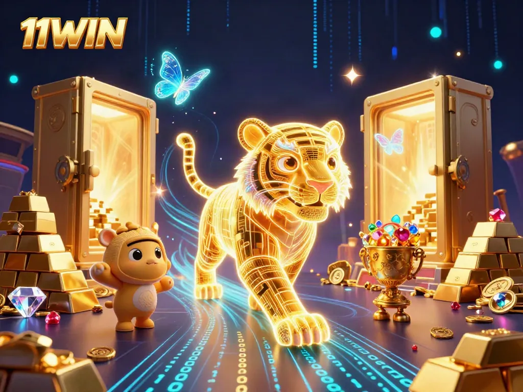 Experience immersive gaming with 11WIN's vibrant casino landscape, featuring a glowing tiger and treasures.