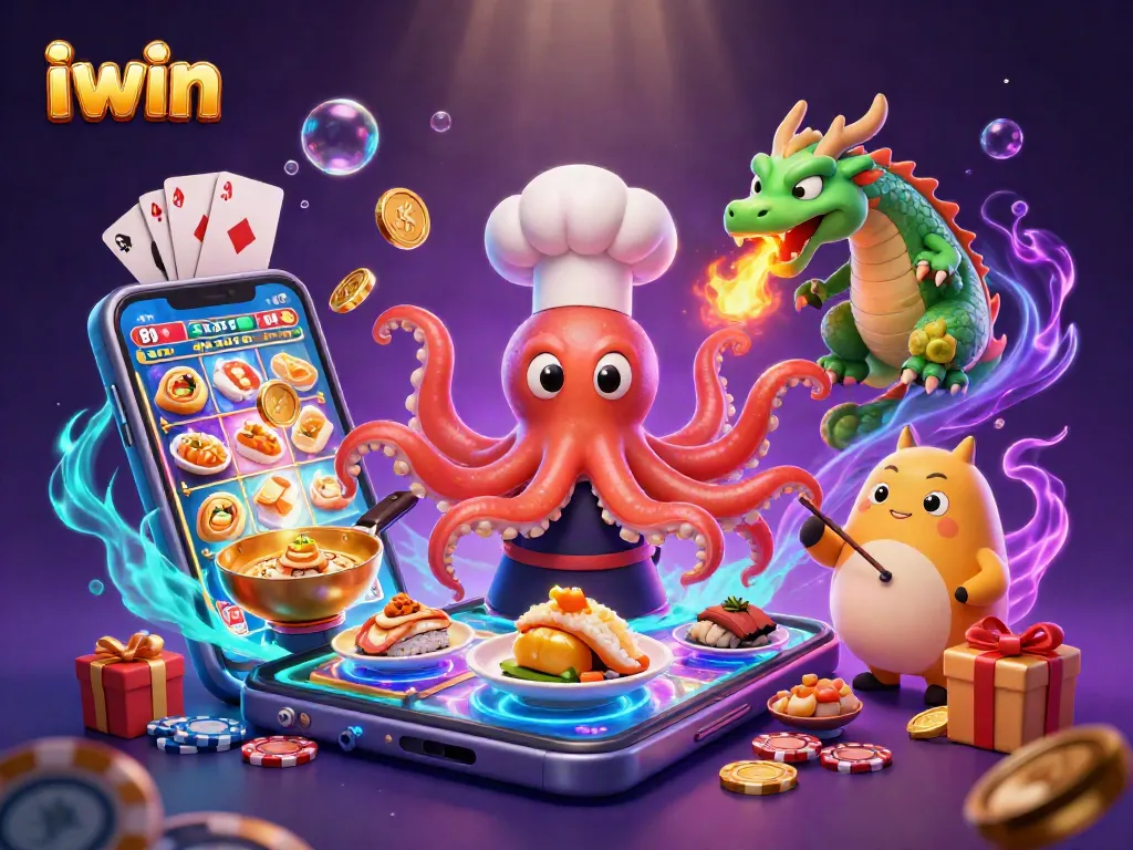 iwin slots scene with octopus chef, dragon, and tanuki amidst vibrant gambling elements