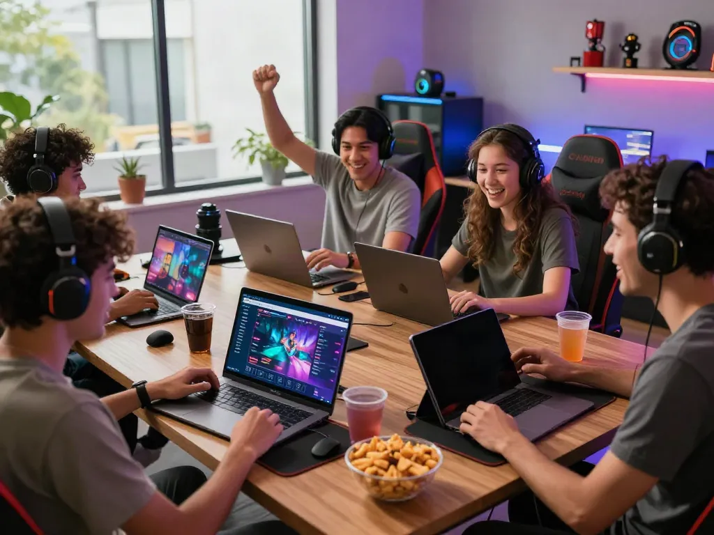 Diverse friends enjoying the trang web IWIN gaming experience together, showcasing modern gaming setup and vibrant atmosphere.
