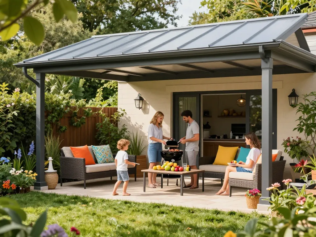 Familie genießt Zeit unter einer stilvollen Terrassenüberdachung in einem sonnigen Garten.