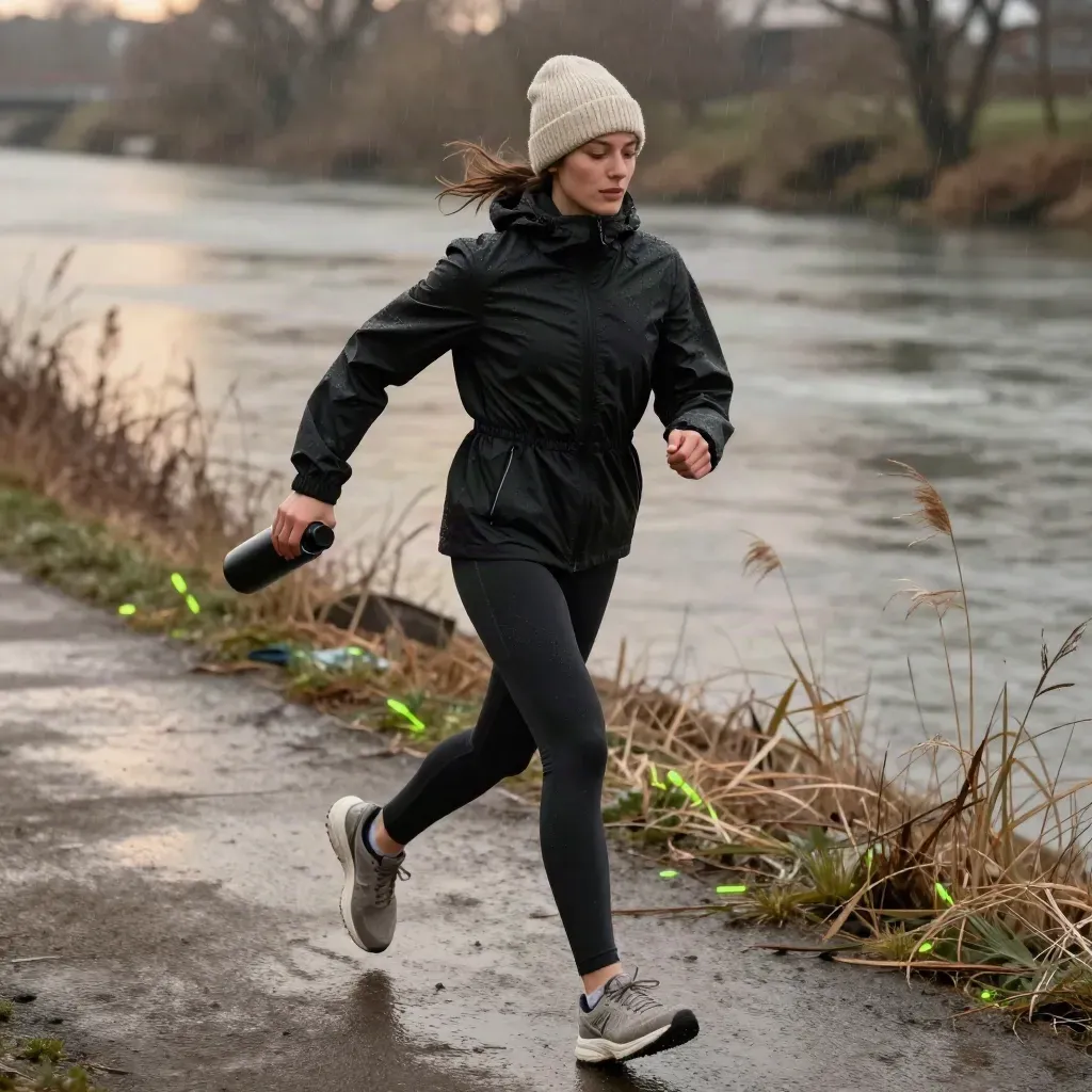 Winter-Run-Set auf nassem Uferweg mit Jacke, Tight, Schuhen, Mütze und Flasche im Wind.