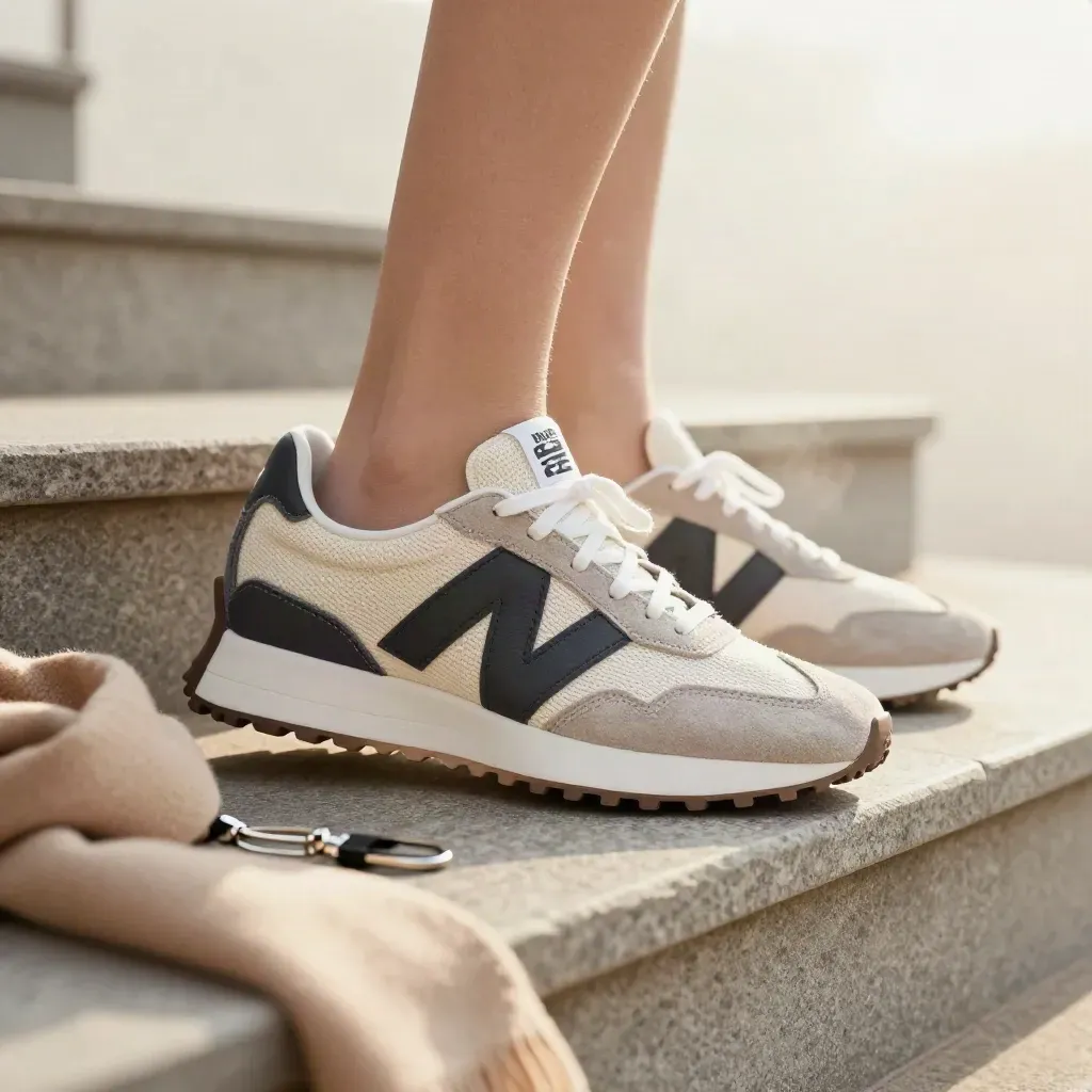 New Balance 327 Sneaker auf Bruchstein mit Schal und Schlüsselband, seitlich inszeniert
