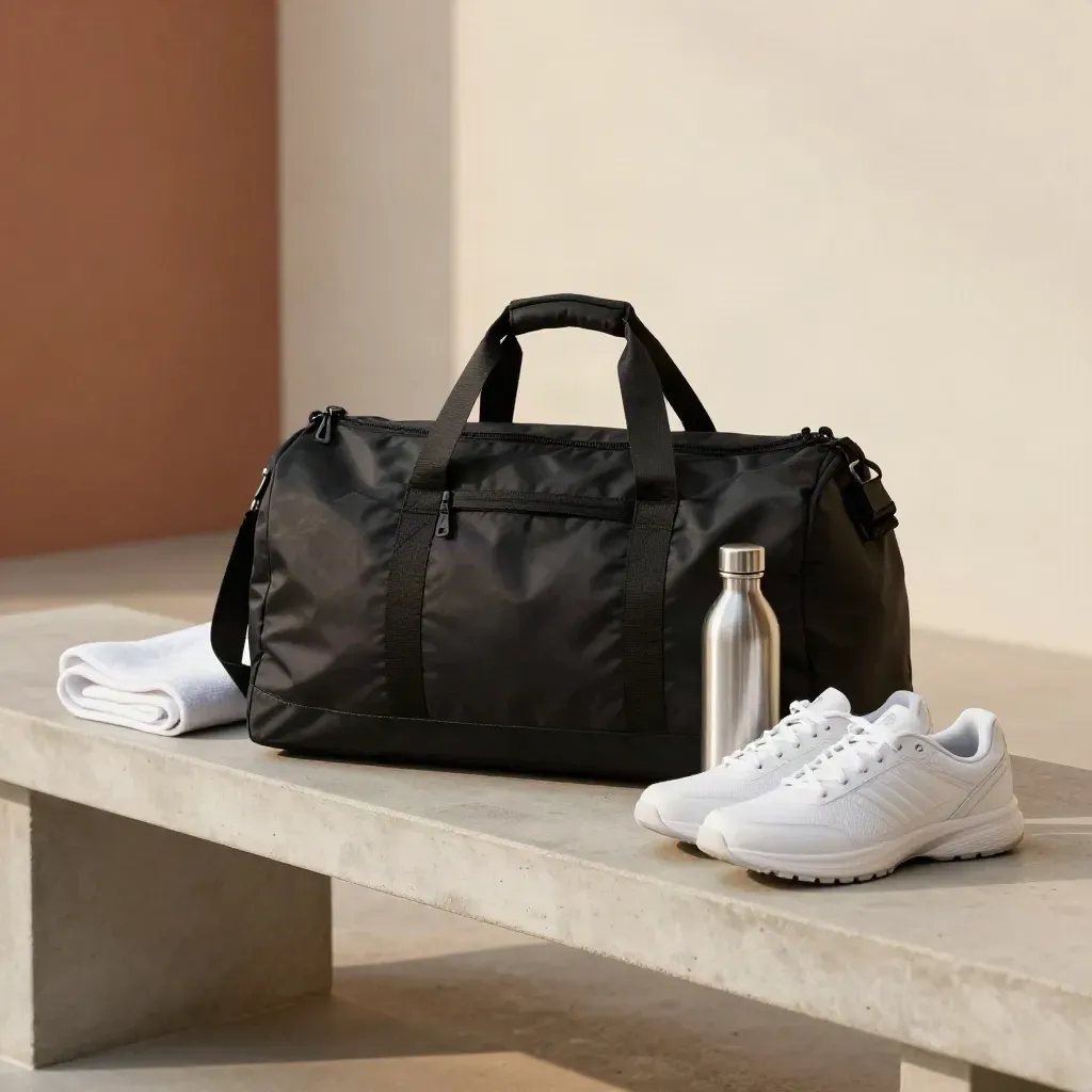 Mattschwarze Sporttasche mit Handtuch, Sneakern und Flasche auf hellem Beton.