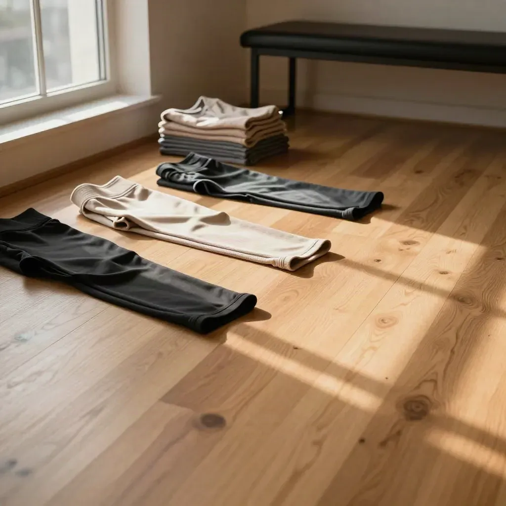 Helles Holzstudio mit gefalteten Leggings und Sonnenflecken im Oberdrittel.