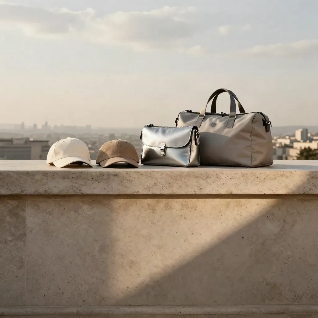Travertinvorsprung mit Caps und Taschen vor heller Stadtsilhouette im goldenen Abendlicht