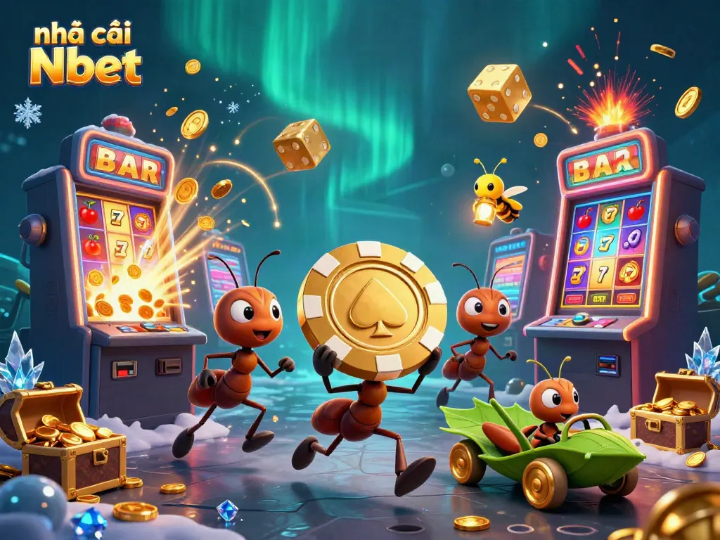 Ants in a heist carrying a golden poker chip at Nhà cái Nbet with casino elements and vibrant colors