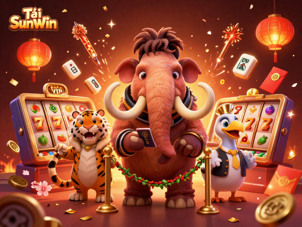 Tải SunWin spins slot reels and jackpots in a vibrant casino scene featuring a cuddly mammoth bouncer.