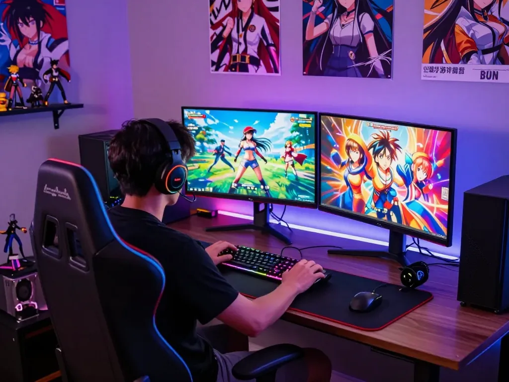 Immersive gaming setup showcasing a gamer playing a hentai game with vibrant visuals and stylish gear.