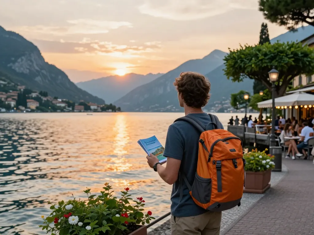 Reisetipps Gardasee: Reisender an der Promenade des Gardasees genießt den Blick auf den Sonnenuntergang.
