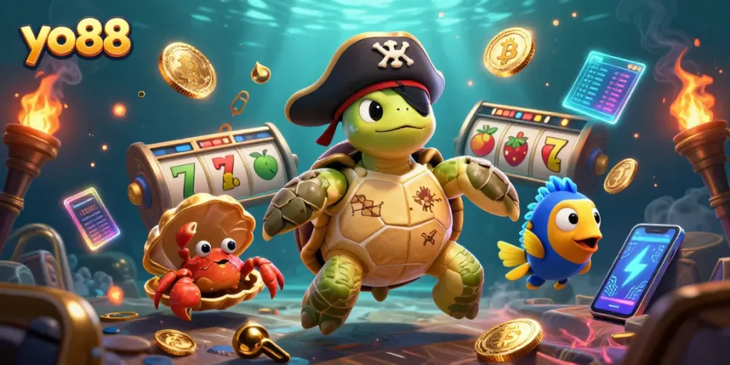 Spin the reels with yo88's engaging 3D cartoon underwater casino featuring a pirate turtle and gems.