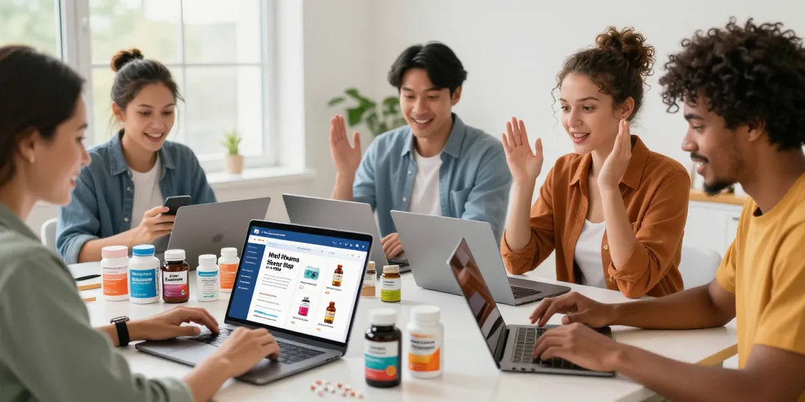 Medi Pharma Shop, der diverse Kunden zeigt, die online Wellnessprodukte erkunden und dabei Gesundheits- und Fitnessartikel in einer lebhaften E-Commerce-Umgebung hervorhebt.